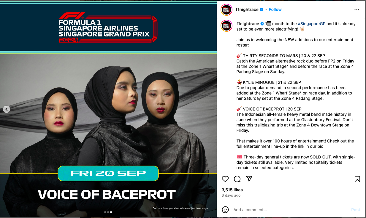 Band Metal Hijab Asal Indonesia, Voice of Baceprot, Siap Guncang Panggung F1 Singapura (@f1nightrace/Instagram)